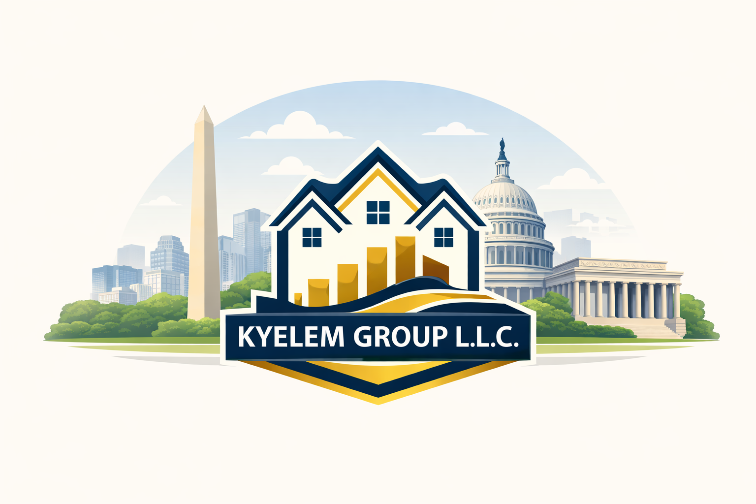 A logo featuring a house with a bar chart, with Washington DC landmarks including the Capitol building and the Washington Monument in the background, and the text 'KYLEM GROUP L.L.C.' on a banner.