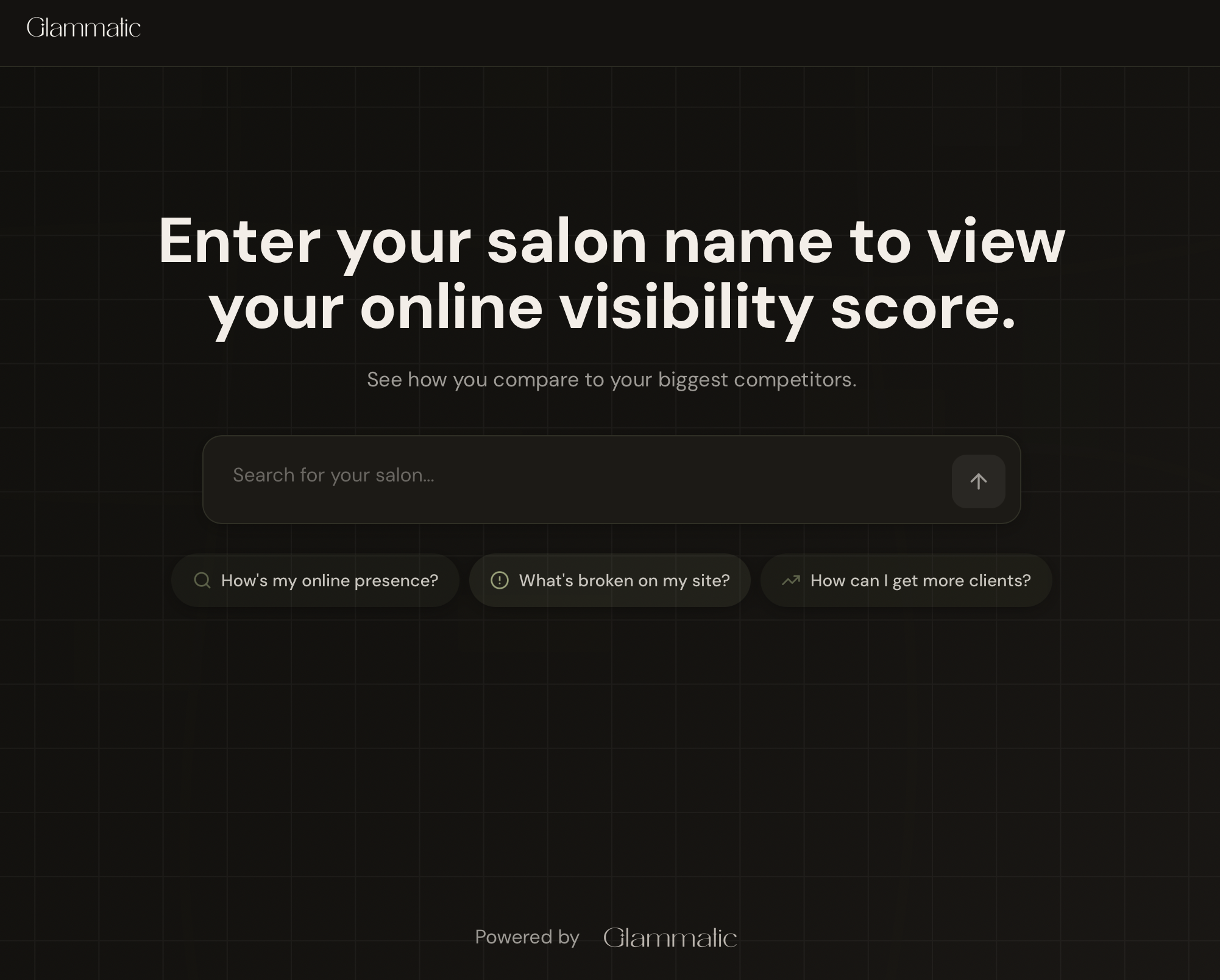 A webpage from Glammatic with a dark background and a large white text box that reads, 'Enter your salon name to view your online visibility score.' There is a search bar below the text.