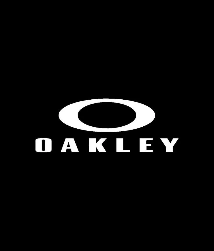 Black background with a white oval logo and the word 'OAKLEY' written below it.