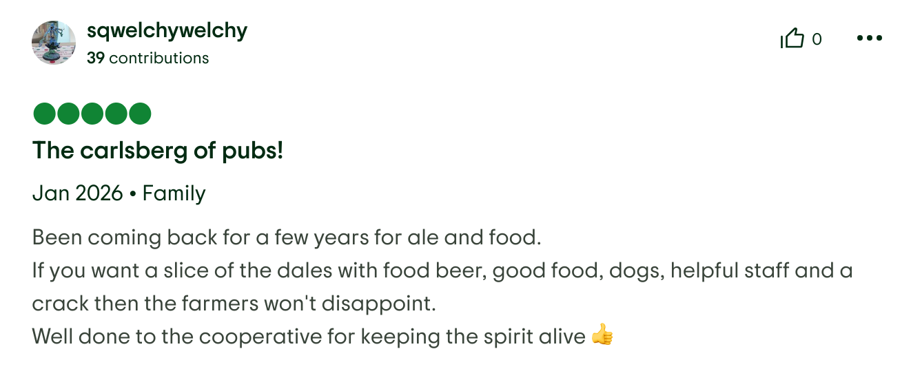 A social media post praising a pub, mentioning its return, food, beer, dogs, friendly staff, and a humorous tone about farmers.