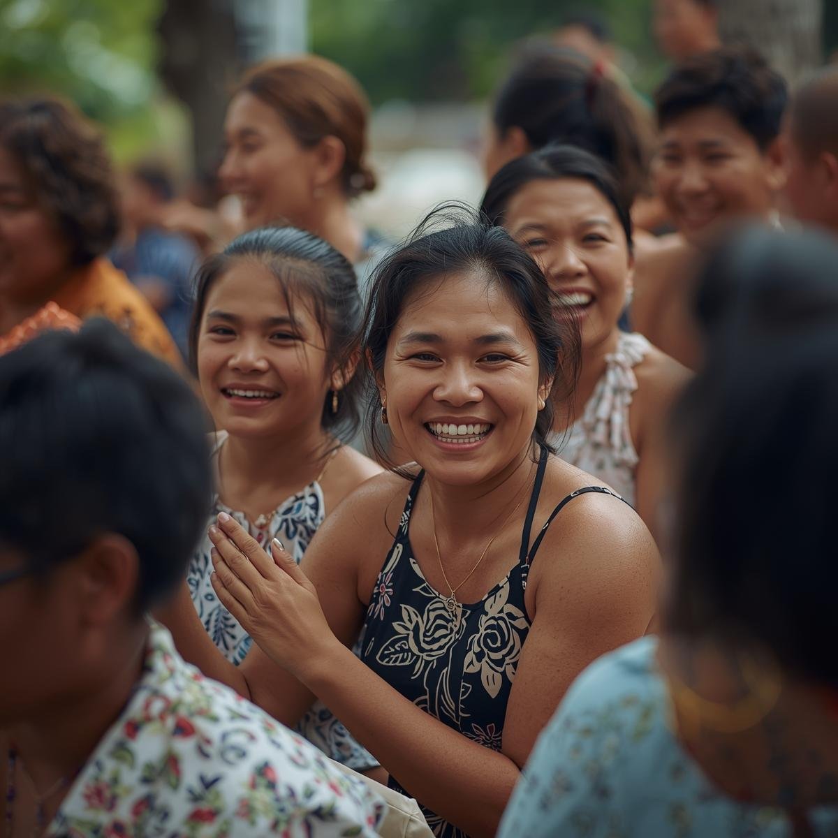 Group of smiling women outdoors, some with their hands together in a greeting or prayer gesture.