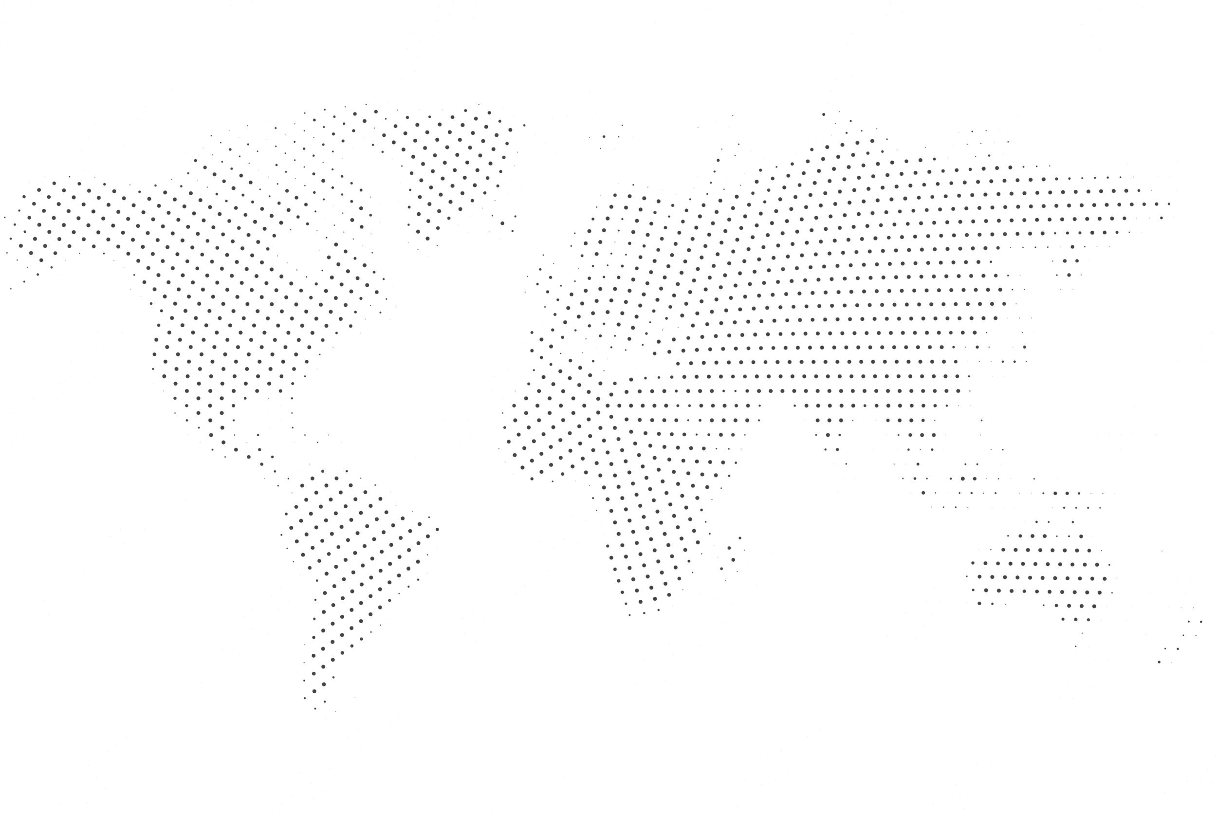 A dotted world map with black background, showing continents in a grayscale color scheme.