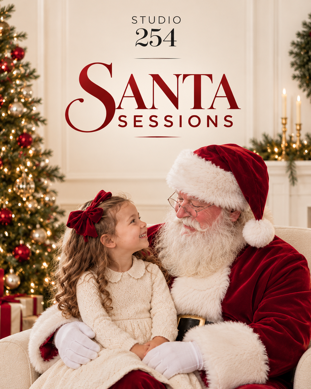 Santa holding a smiling young girl during a festive Christmas portrait session beside a decorated Christmas tree, with “Studio 254 Santa Sessions” text