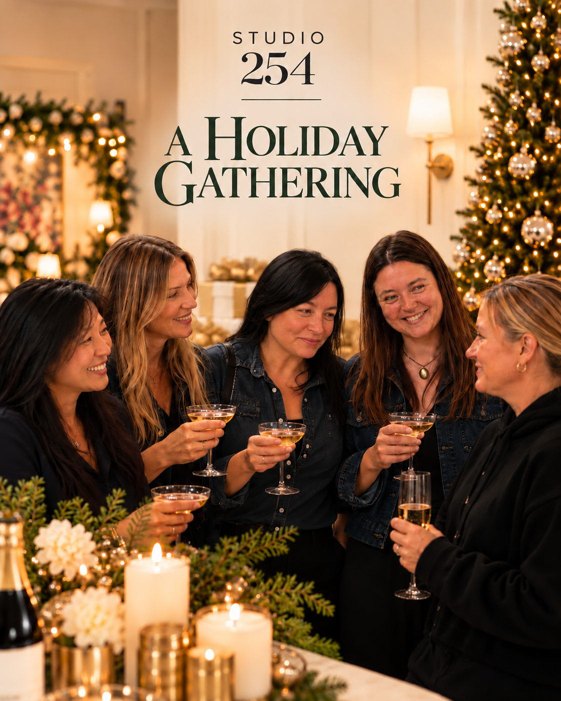 Five women toast with champagne at a festive holiday gathering beside a decorated Christmas tree and candlelit table.