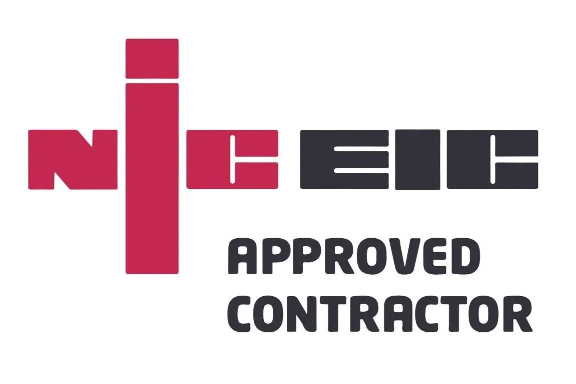 Logo with a red cross, black letters spelling NEC, and black text that says Approved Contractor