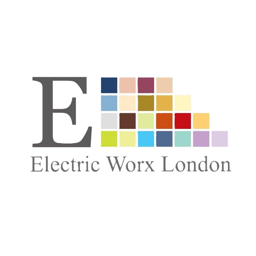 Logo for Electric Work London featuring a large 'E' and a colorful grid of squares with the company name below.