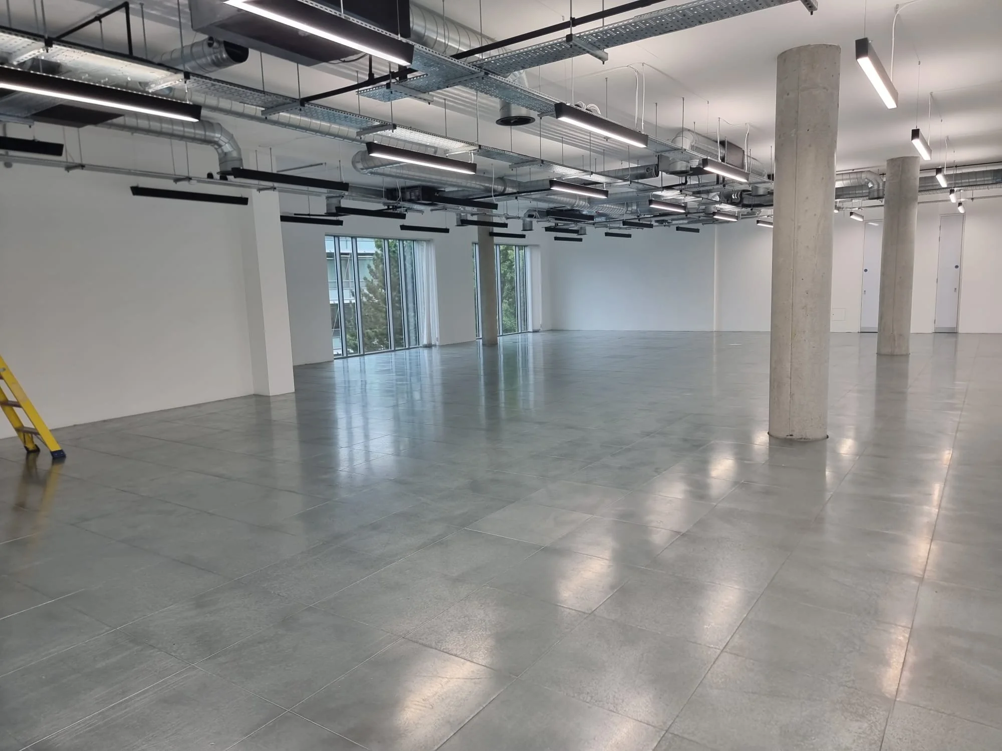 Empty modern office space with polished gray concrete floor, white walls, and large floor-to-ceiling windows. The ceiling has exposed ducts and wiring, with several rectangular LED light fixtures. There are multiple concrete columns in the room, and 