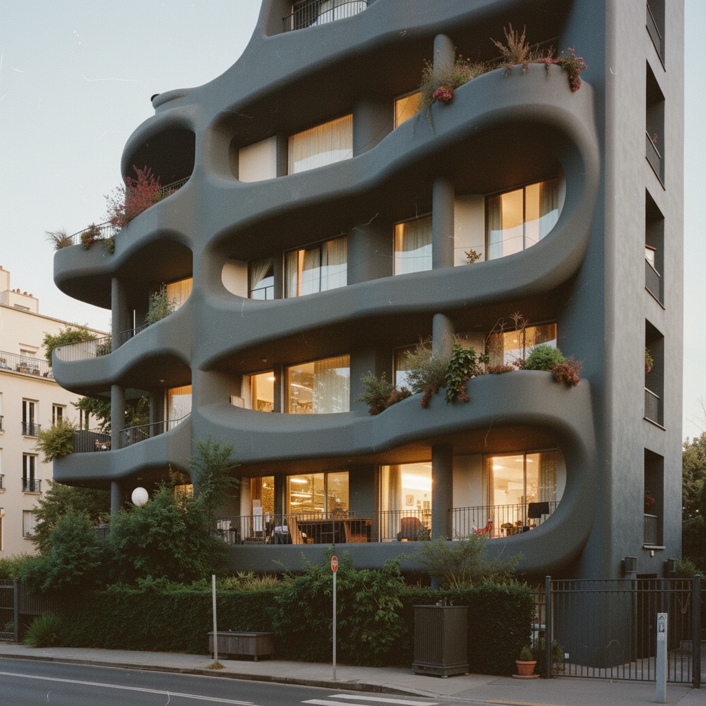 Modern multi-story apartment building with curvy, organic-shaped balconies and large glass windows, surrounded by greenery.