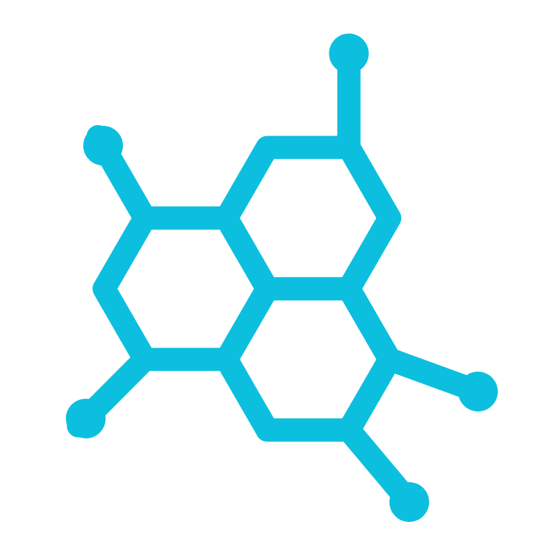 A blue molecular structure with hexagonal chemical rings connected by lines on a black background.
