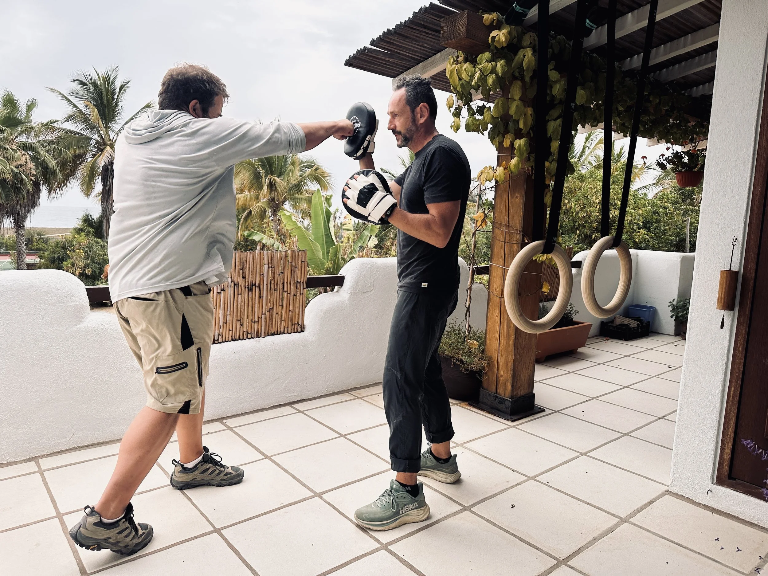 Two men practicing boxing on an outdoor terrace with a tropical background of palm trees and cloudy sky.