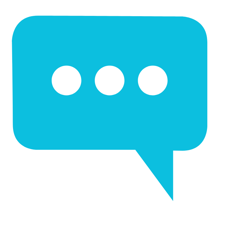 Blue speech bubble with three black dots indicating conversation or messaging.