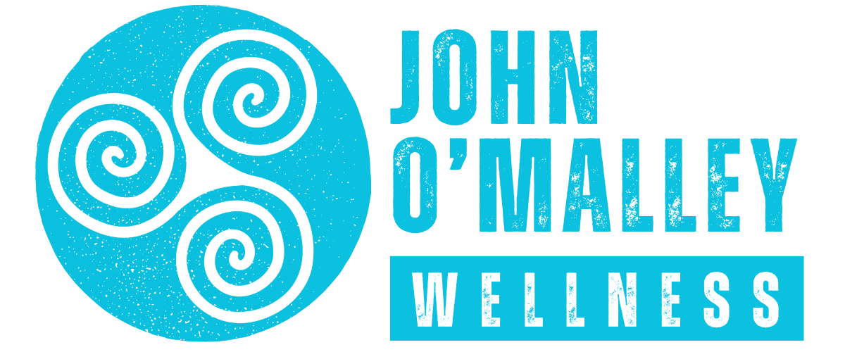 Logo with a blue circle containing three white spiral designs and the text 'John O'Malley Wellness' in blue and white lettering.