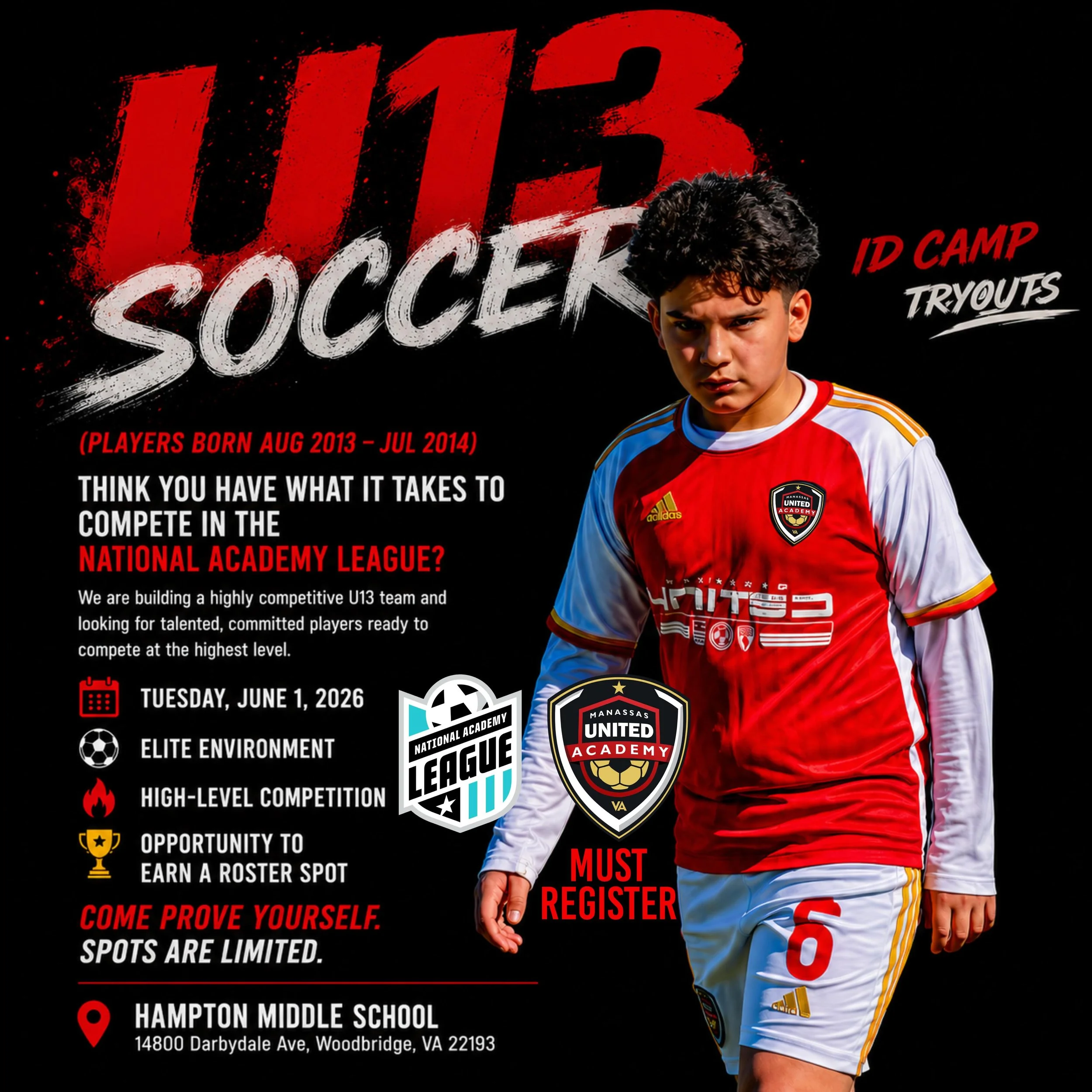 U13 ID CAMP (Players Born Aug 2013 &ndash; Jul 2014)
Think you have what it takes to compete in the National Academy League?
We are building a highly competitive U13 team and looking for talented, committed players ready to compete at the highest lev