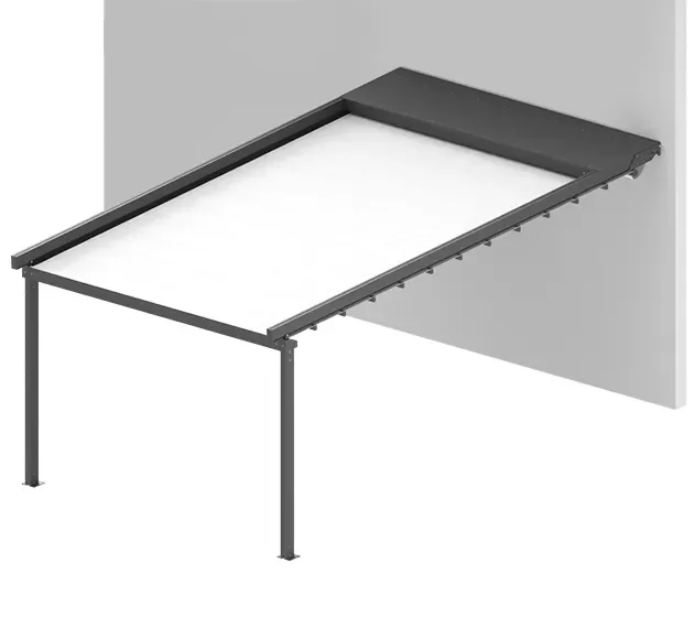 Black metal awning frame with two support legs attached to a wall