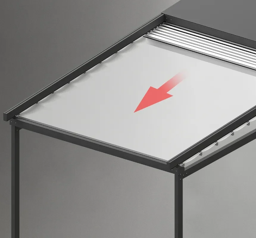 Close-up of a recessed ceiling light panel with a red directional arrow pointing downward