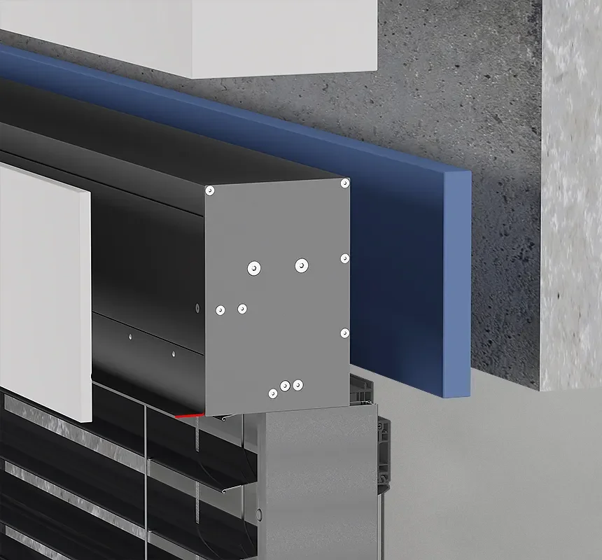 Detailed 3D cutaway of a modern building facade showing a black curtain wall, blue insulation panel, gray metal bracket, and layered cladding components
