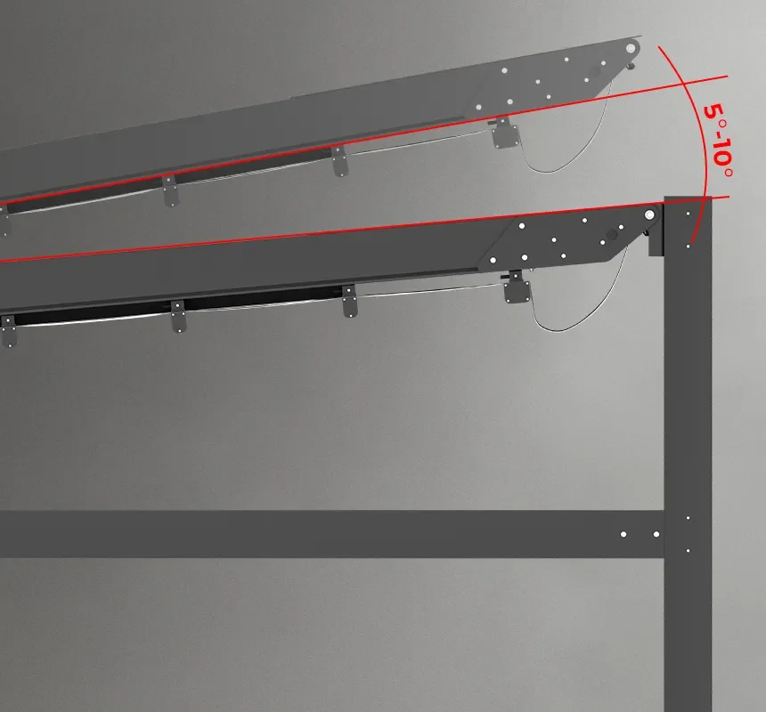 Diagram of an adjustable metal gate hinge showing a 5–10 degree angle range.