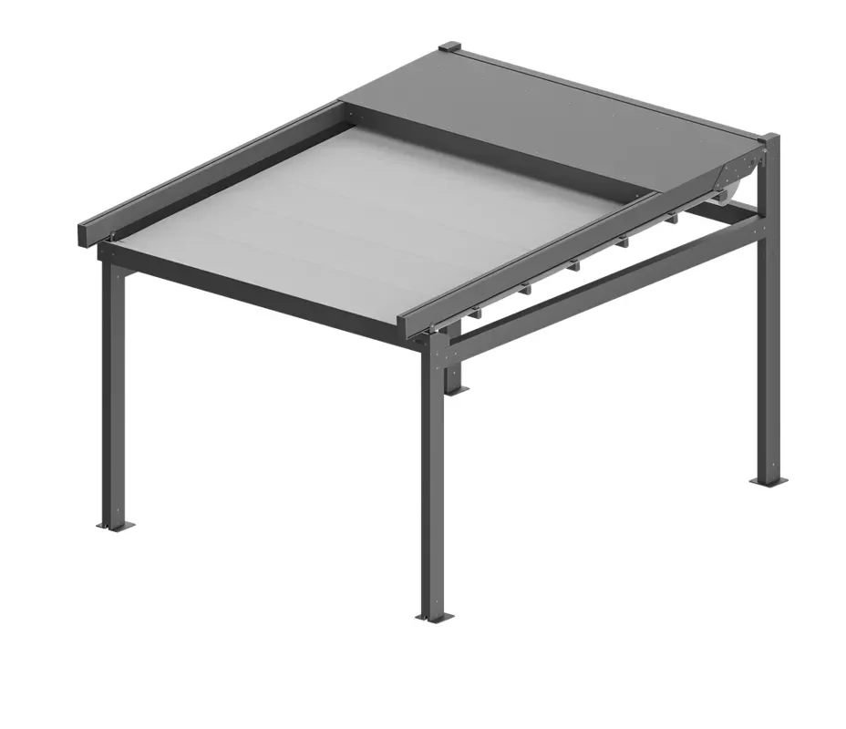 Gray metal adjustable-height workbench frame with a flat tabletop and four square legs
