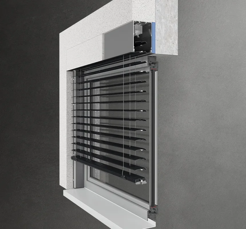 Cutaway diagram of an exterior venetian blind installed over a window, showing adjustable horizontal slats, side rails, and headbox.