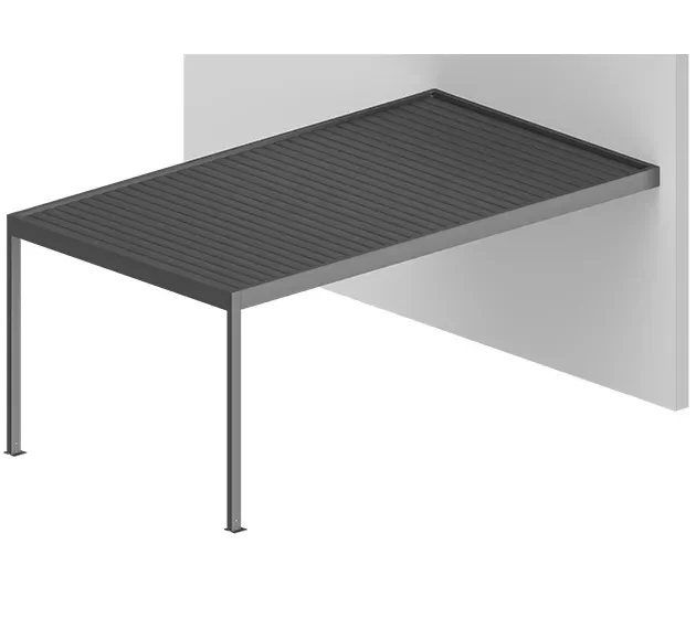 Modern wall-mounted patio pergola with a dark slatted roof and two slim support posts