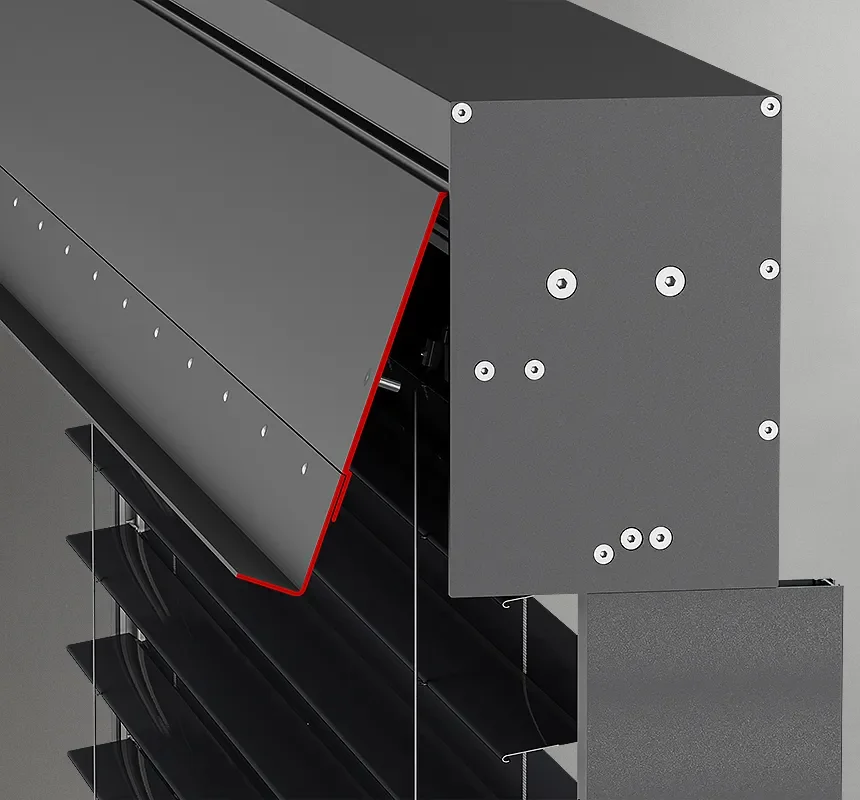 Close-up of a sleek black and gray industrial machine enclosure with red trim, exposed internal rollers, shelves, and fasteners.