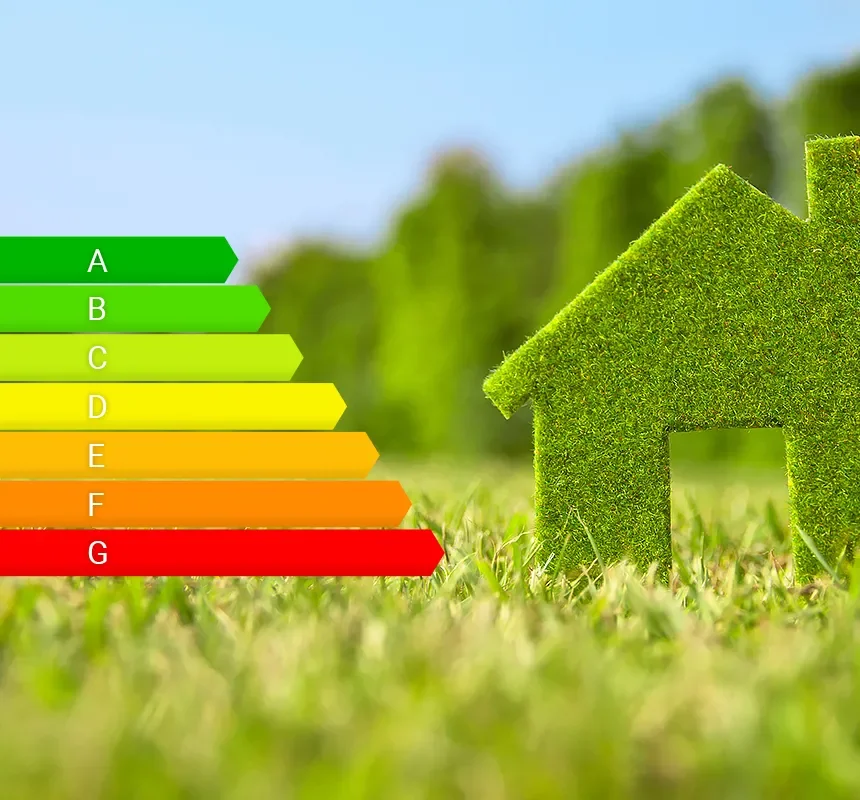 Green grass-covered house beside an A–G energy efficiency rating scale outdoors