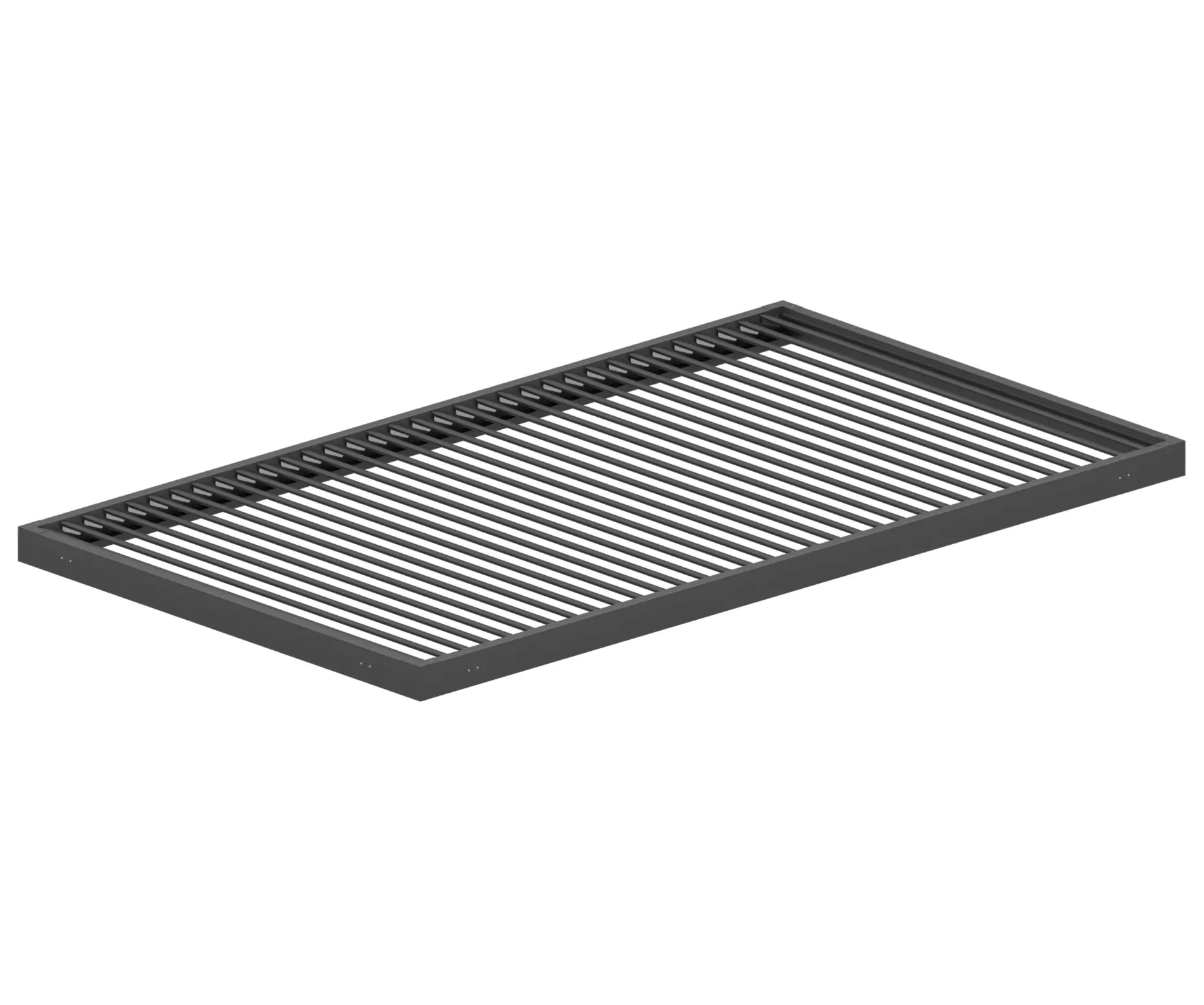 Black metal bed frame with closely spaced support slats, shown in perspective on a white background
