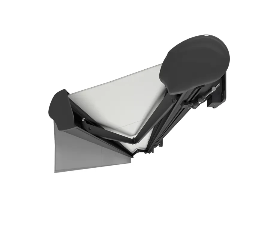 Angled view of a black-framed aluminum truck bed tonneau cover with folded panels and side mounting hardware
