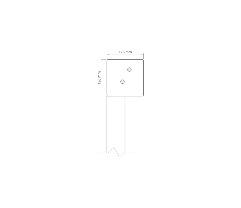 Technical line drawing of a rectangular sign or mounting plate measuring 126 by 126 mm, with two circular holes and a vertical support post.