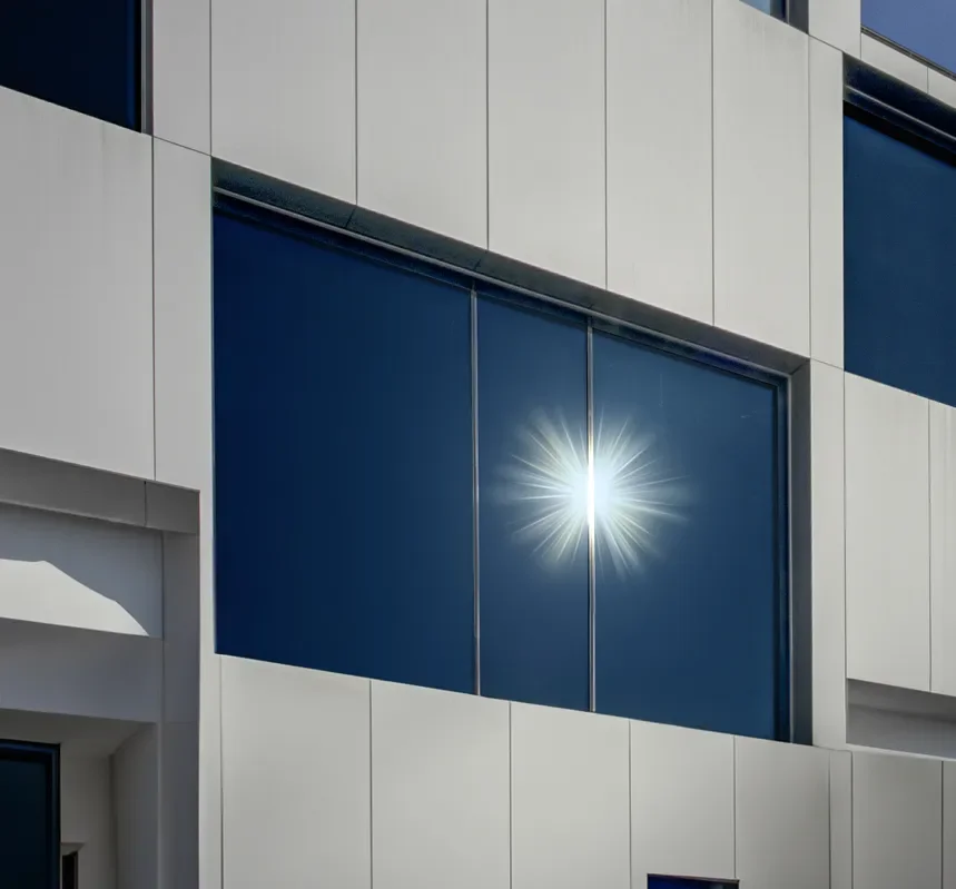 Modern white-paneled building facade with large dark blue windows reflecting a bright sunburst