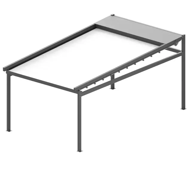 Gray metal pergola frame with four legs and an open rectangular roof structure