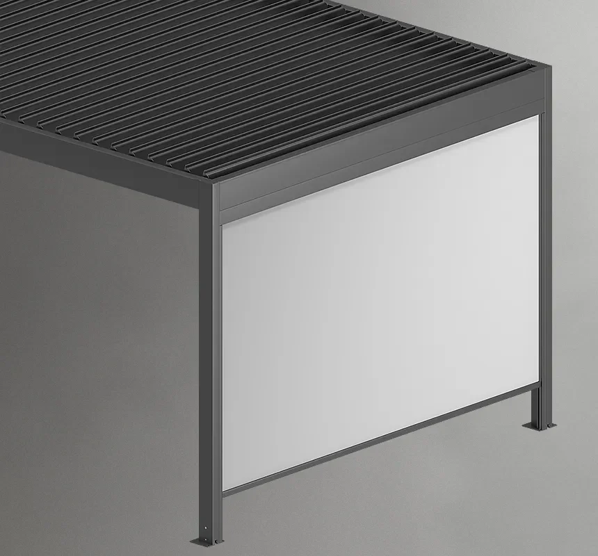 Modern dark gray outdoor privacy screen with a slatted roof and white side panel