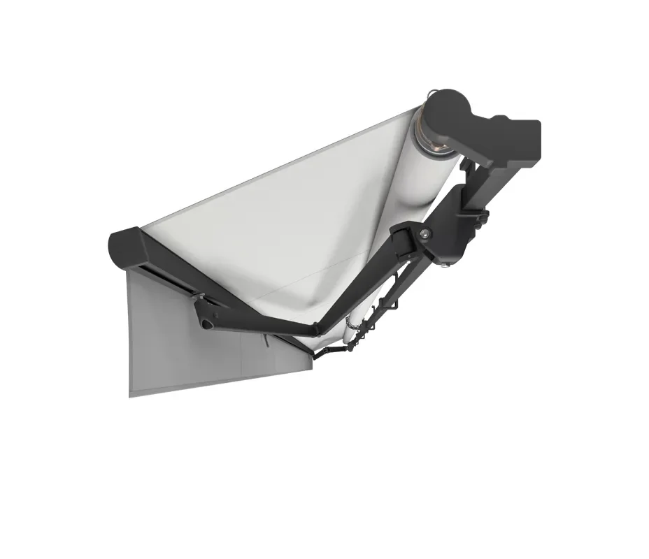 Close-up of a metal excavator bucket attachment with hydraulic linkage on a white background