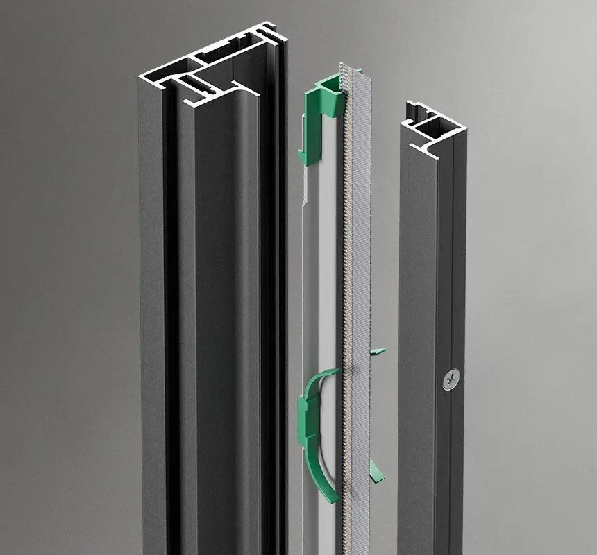 Exploded view of a black aluminum-framed screen door showing profiles, mesh screen, green weatherstripping, and latch hardware.