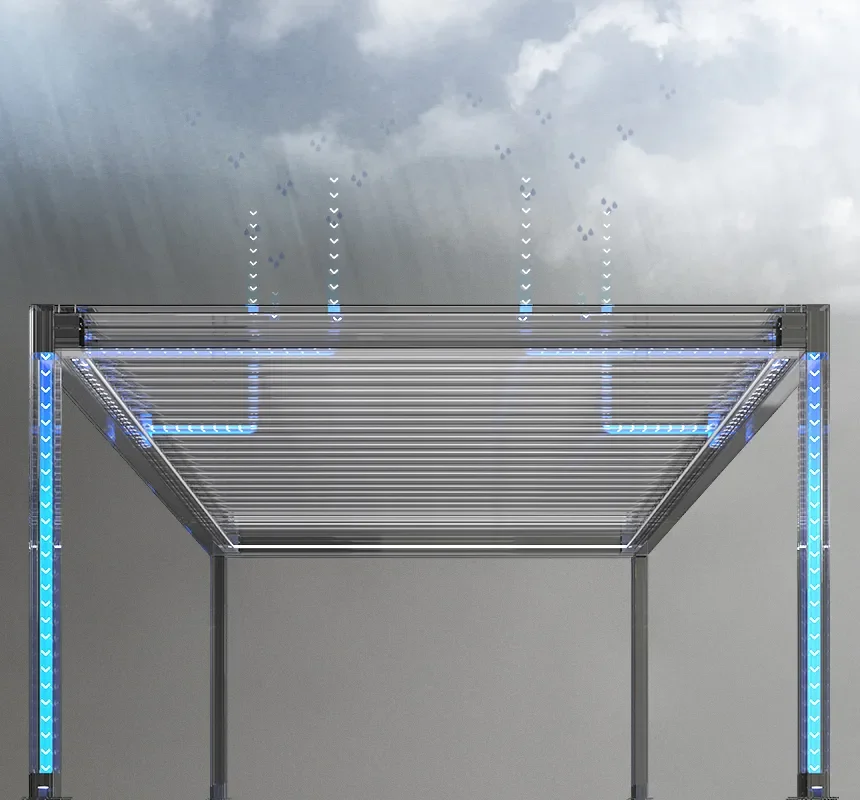 Architectural rendering of a modern glass canopy with a slatted metal roof, blue airflow arrows, and cloudy sky