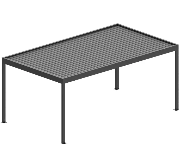Black rectangular metal pergola canopy frame with slatted roof and four legs