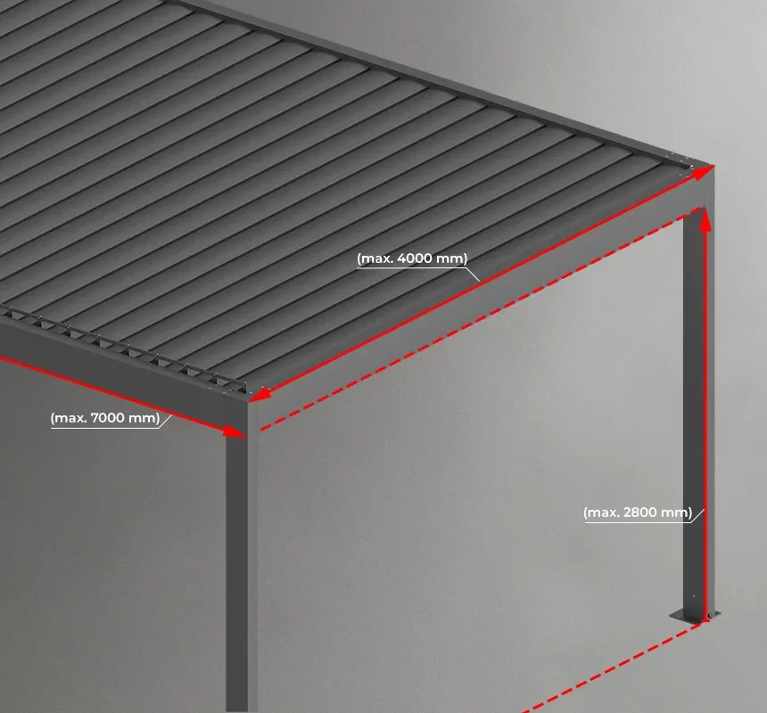 Gray freestanding canopy with slatted roof and red arrows labeling maximum dimensions of 7,000 mm, 4,000 mm, and 2,800 mm