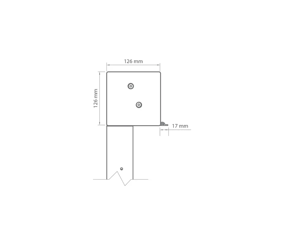 Technical line drawing of a rectangular 126 mm by 126 mm mounting plate with three bolt holes and a 17 mm side projection.