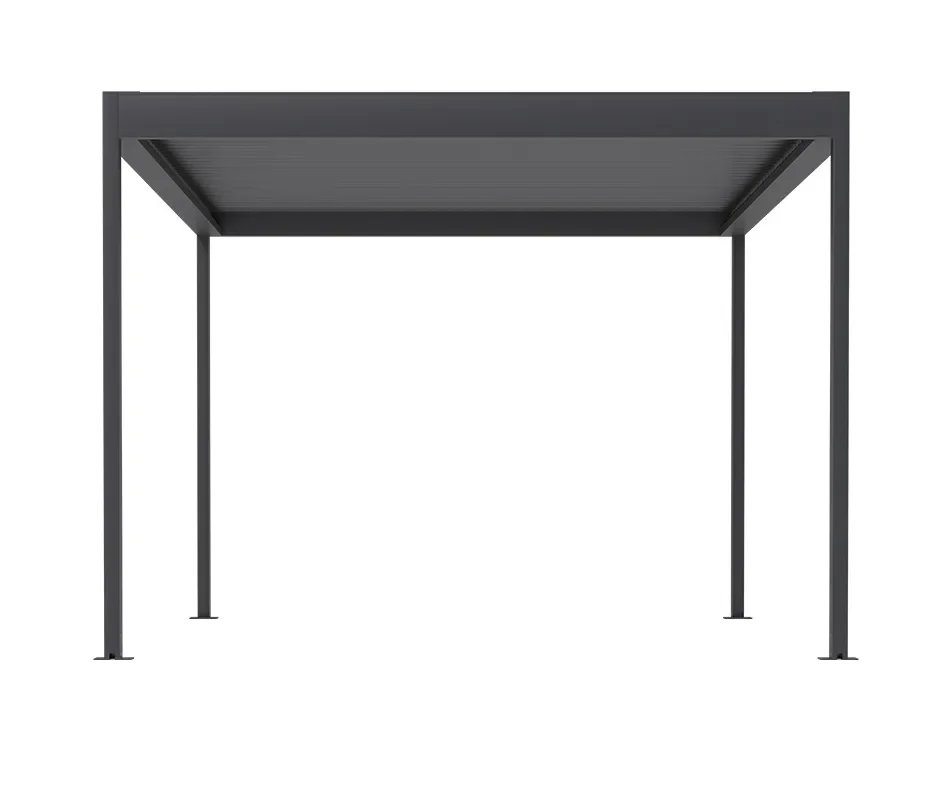 Freestanding dark gray metal pergola canopy with four support posts on a white background