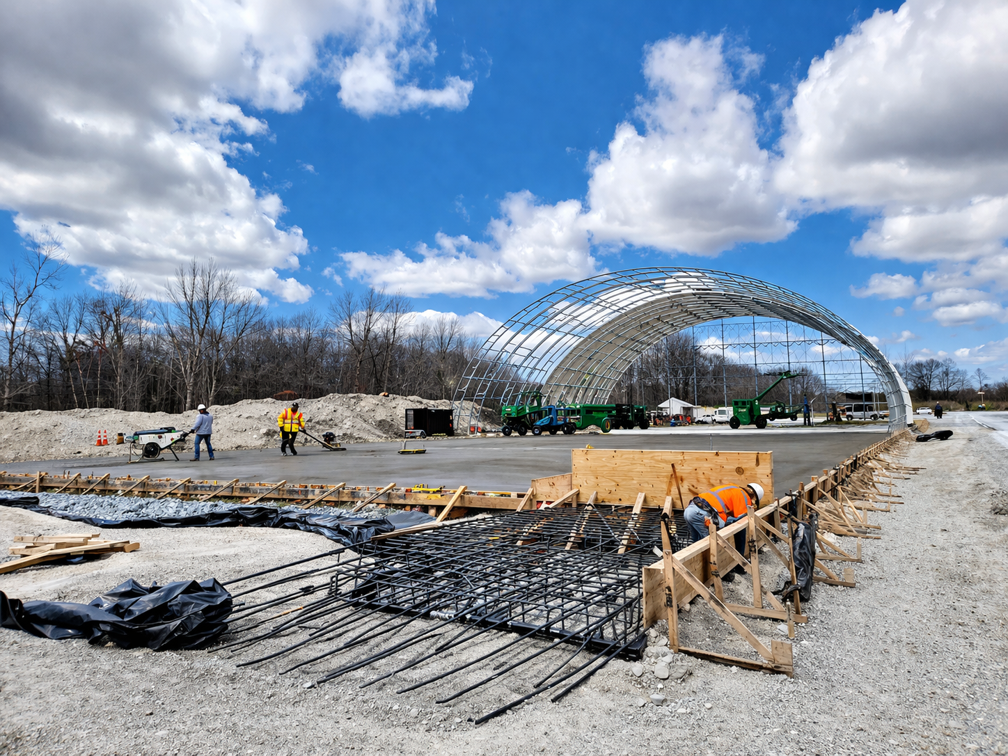 Construction workers pouring concrete on a large foundation at a building site with a metal arch framework and construction equipment nearby. Trees and a blue sky with clouds are in the background.