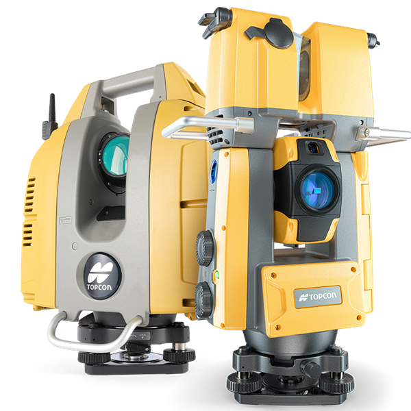 A yellow and gray robotic total station surveying instrument with the Topcon logo, used for land measurement and construction.