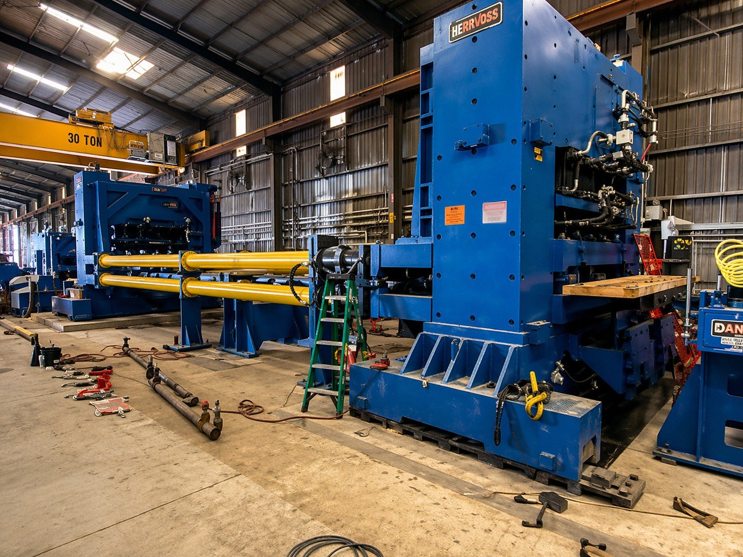 Industrial factory with large blue machinery and yellow pipes, tools and equipment on the floor, high ceiling with metal beams, and a yellow overhead crane labeled 30 ton.