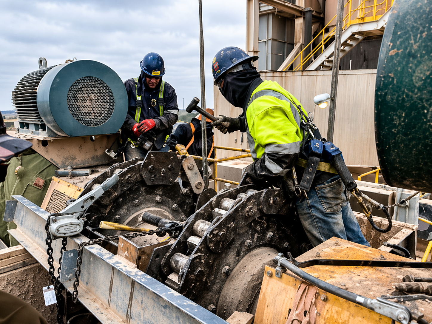 Workers in safety gear repairing heavy machinery outdoors.