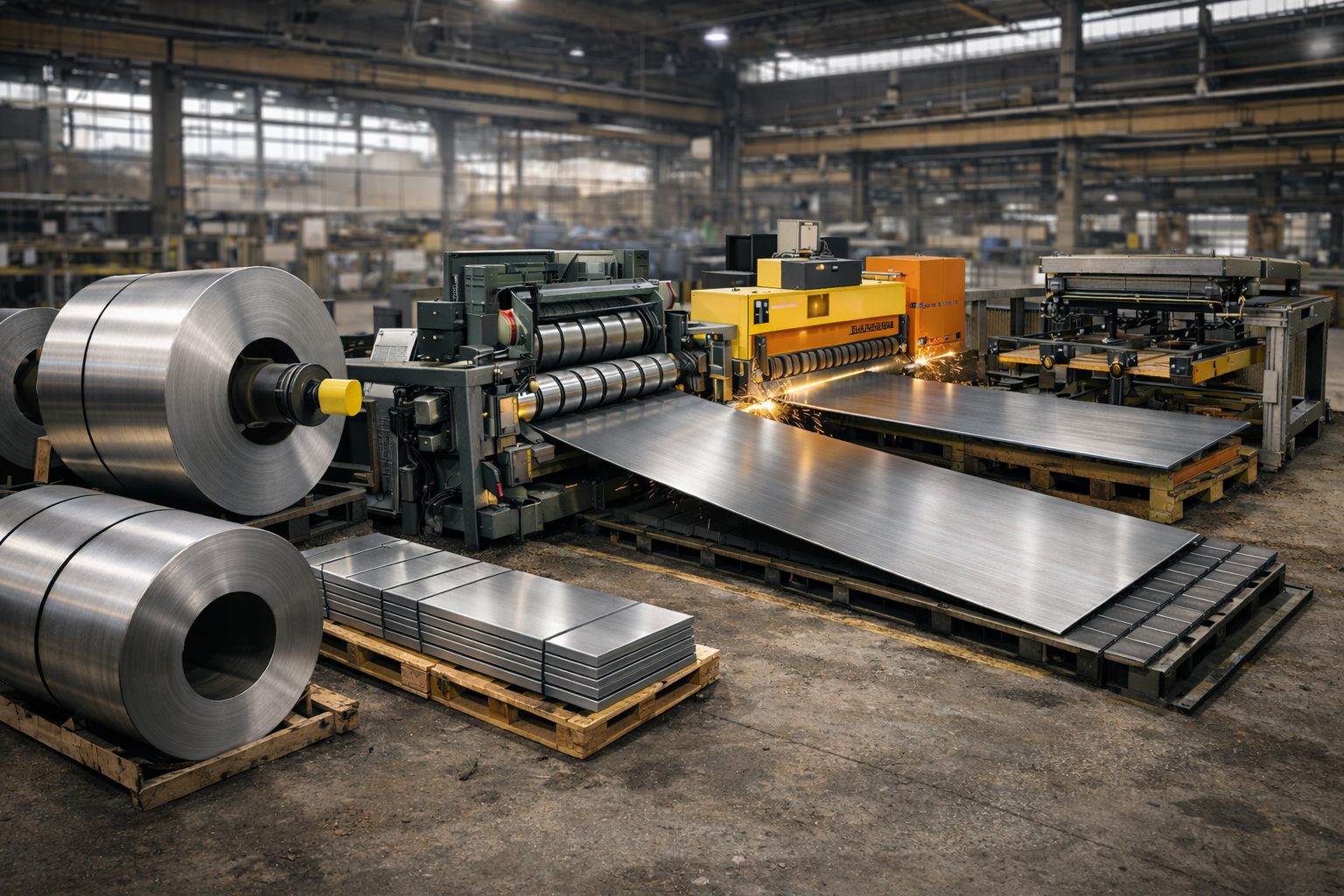 Industrial sheet metal processing machine in a factory, cutting large metal sheets with sparks flying, surrounded by rolls of metal and pallets of sheets.