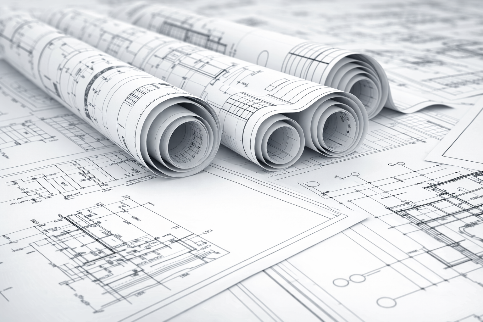 Several architectural blueprints, some rolled and some flat, spread out on a flat surface.
