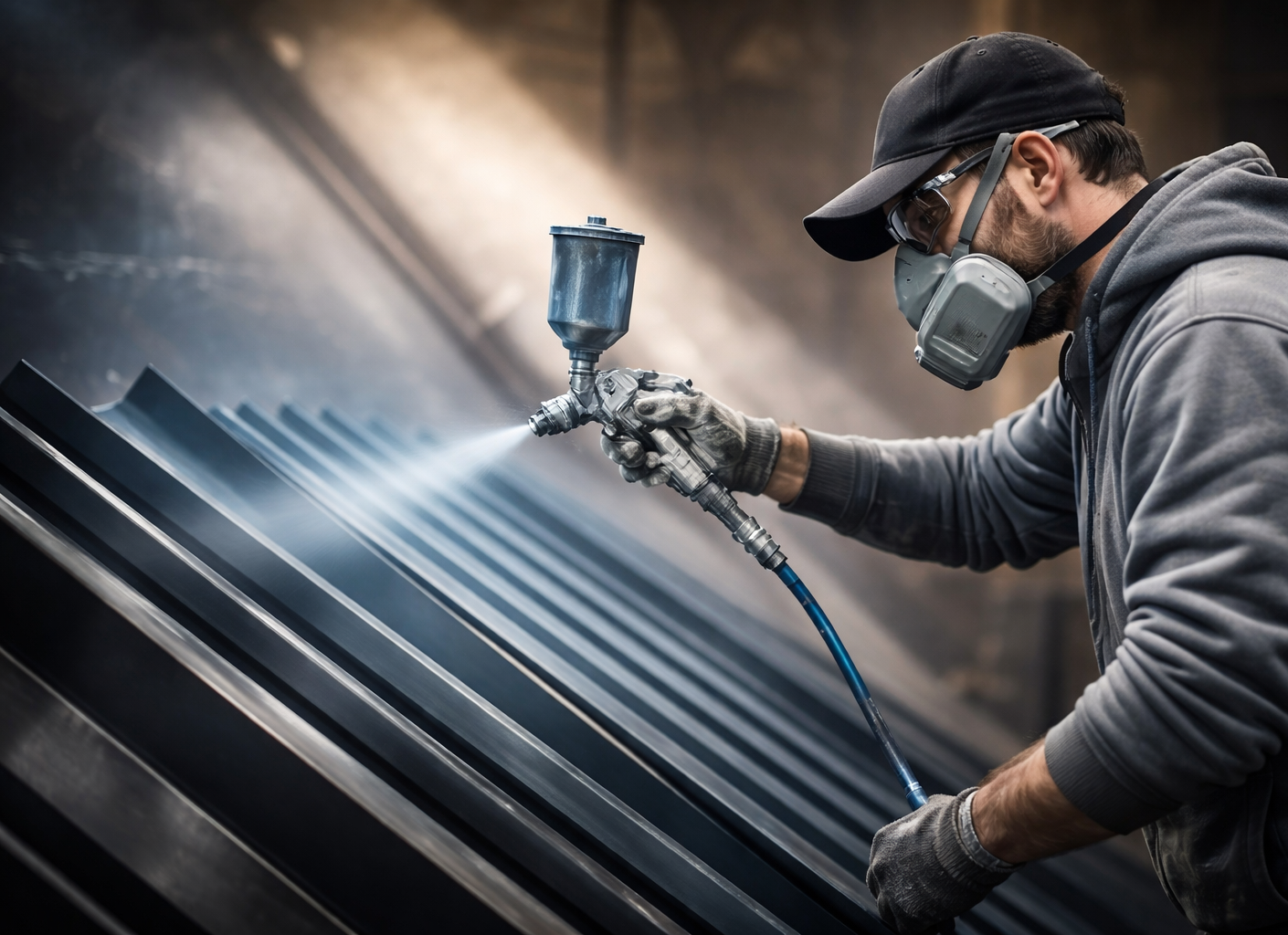 A man wearing safety glasses, a face mask, and gloves is spray painting metal slats with a spray gun in a workshop.