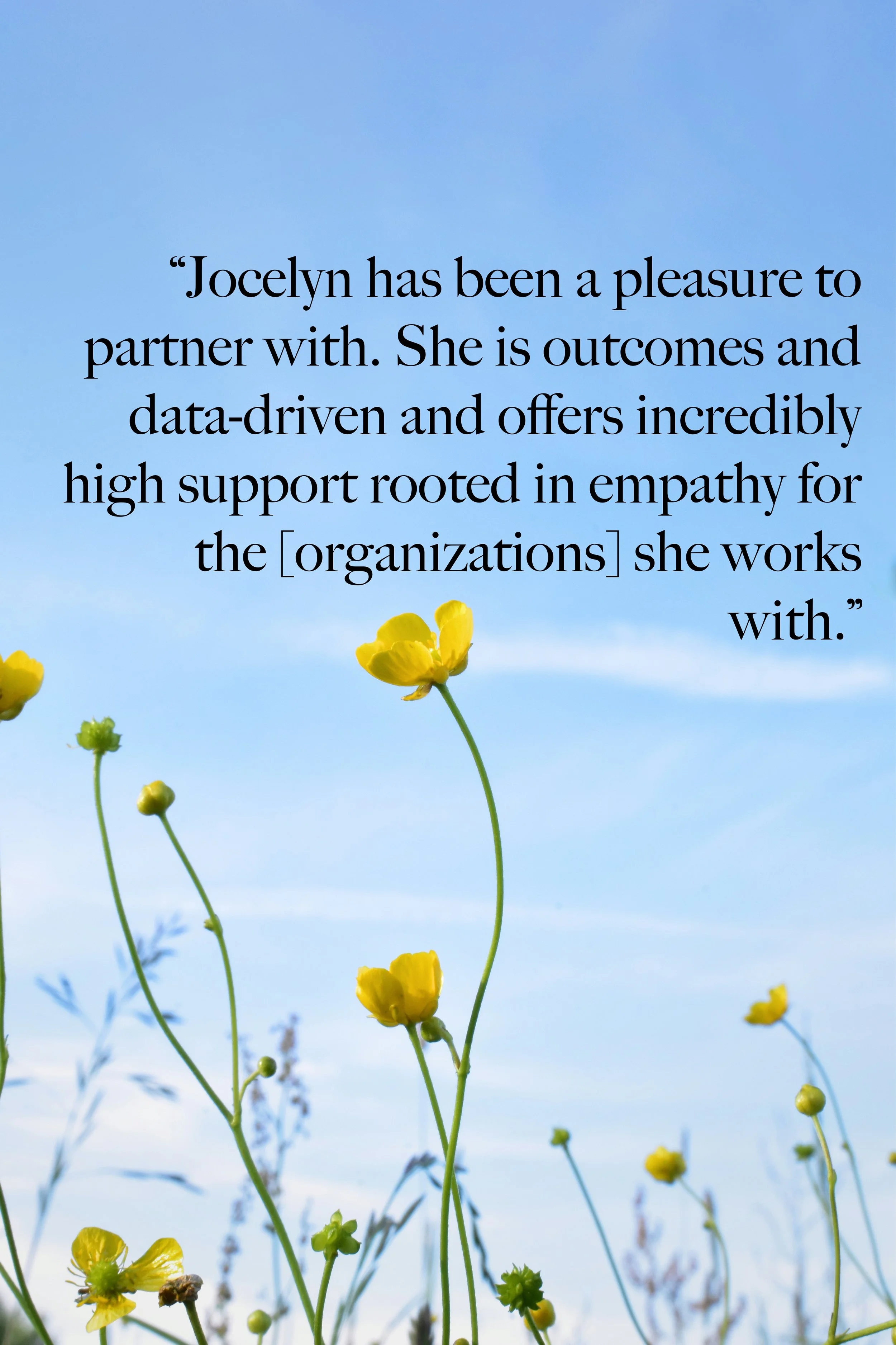 "Jocelyn has been a pleasure to partner with. She is outcomes and data-driven and offers incredibly high support rooted in empathy for the organizations she works with."
