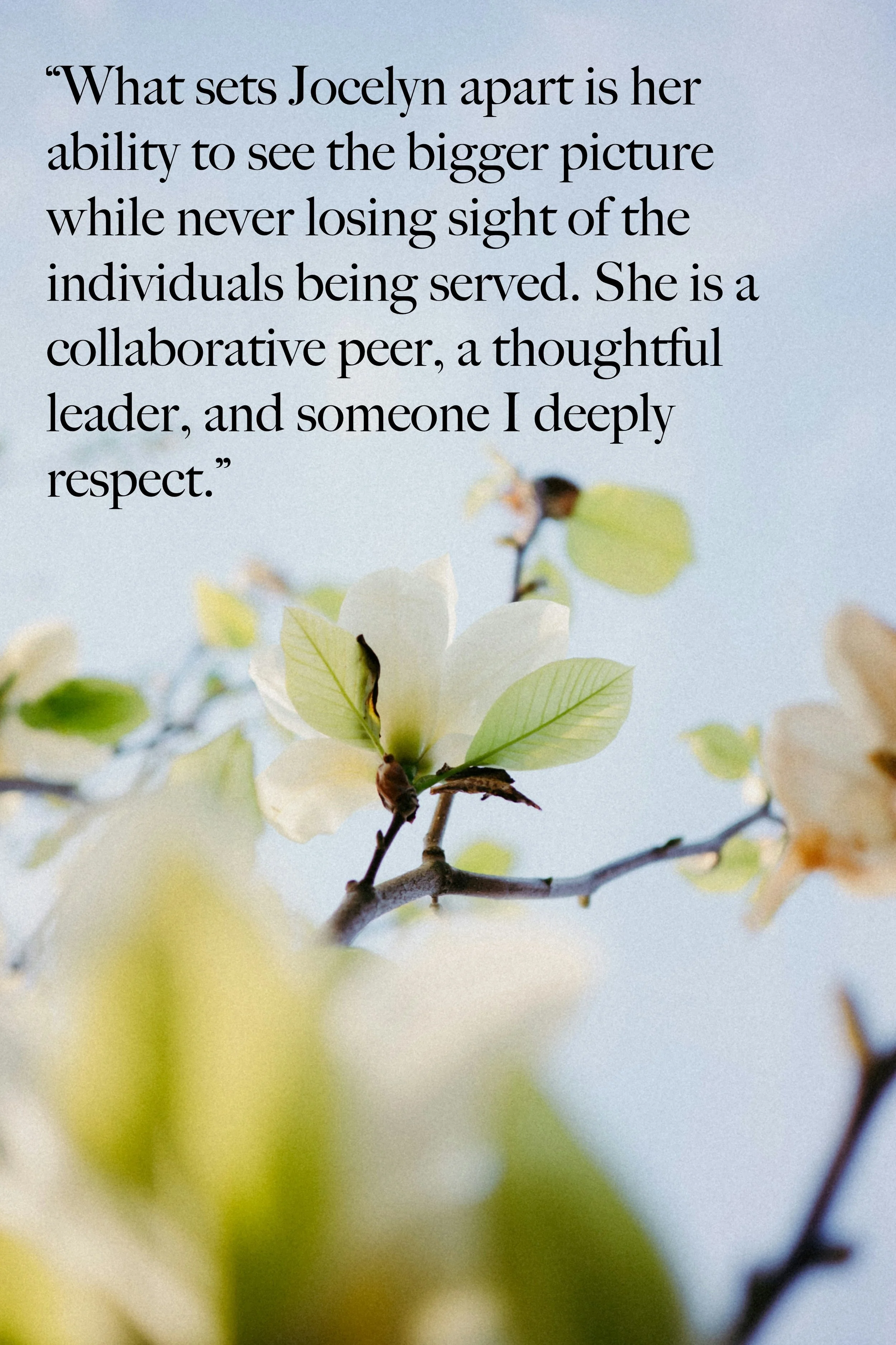 "What sets Jocelyn apart is her ability to see the bigger picture while never losing sight of the individuals being served. She is a collaborative peer, a thoughtful leader, and someone I deeply respect."