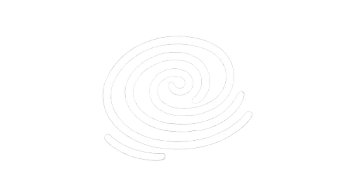 White spiral logo on a black background.