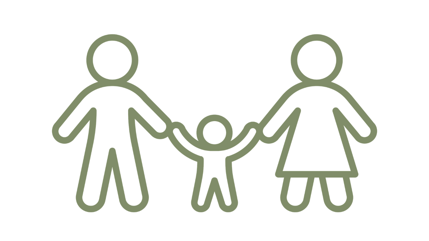 Simple line drawing of a family, two adults and a child holding hands.